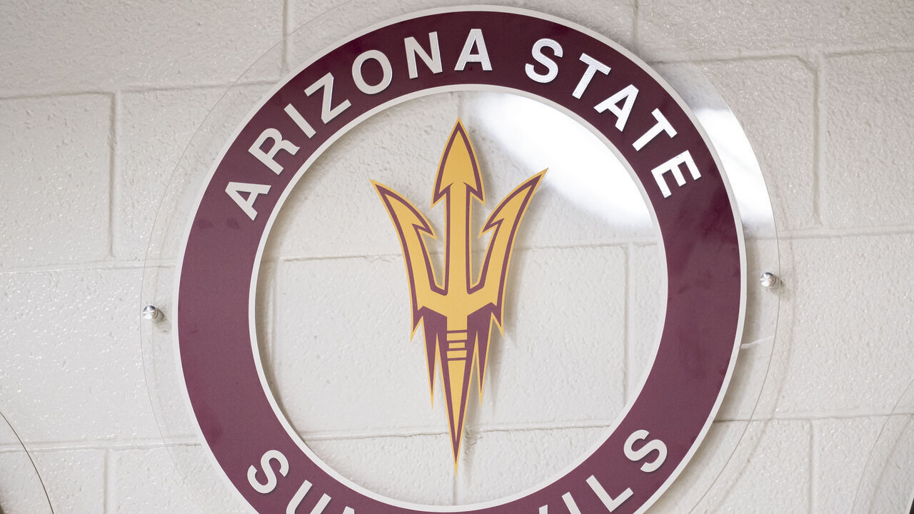 KALAMAZOO, MI - JANUARY 30: A general view of the Arizona State Sun Devils logo before a men's college hockey game between the Omaha Mavericks and the Western Michigan Broncos on January 30, 2026 at Lawson Arena in Kalamazoo, MI.