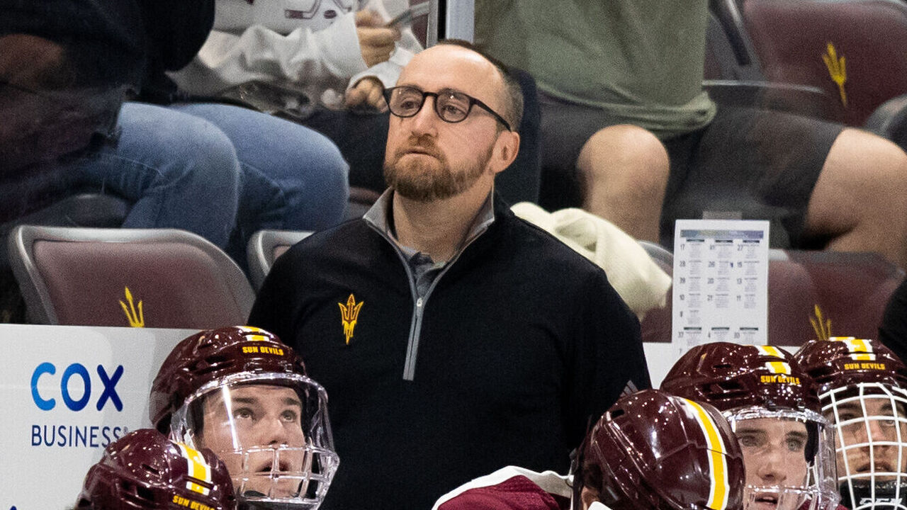 TEMPE, AZ - OCTOBER 21: Arizona State Head Coach Greg Powers on the bench during a college hockey game between Arizona State and Colorado College on October 21, 2022, at Mullett Arena in Tempe, AZ.