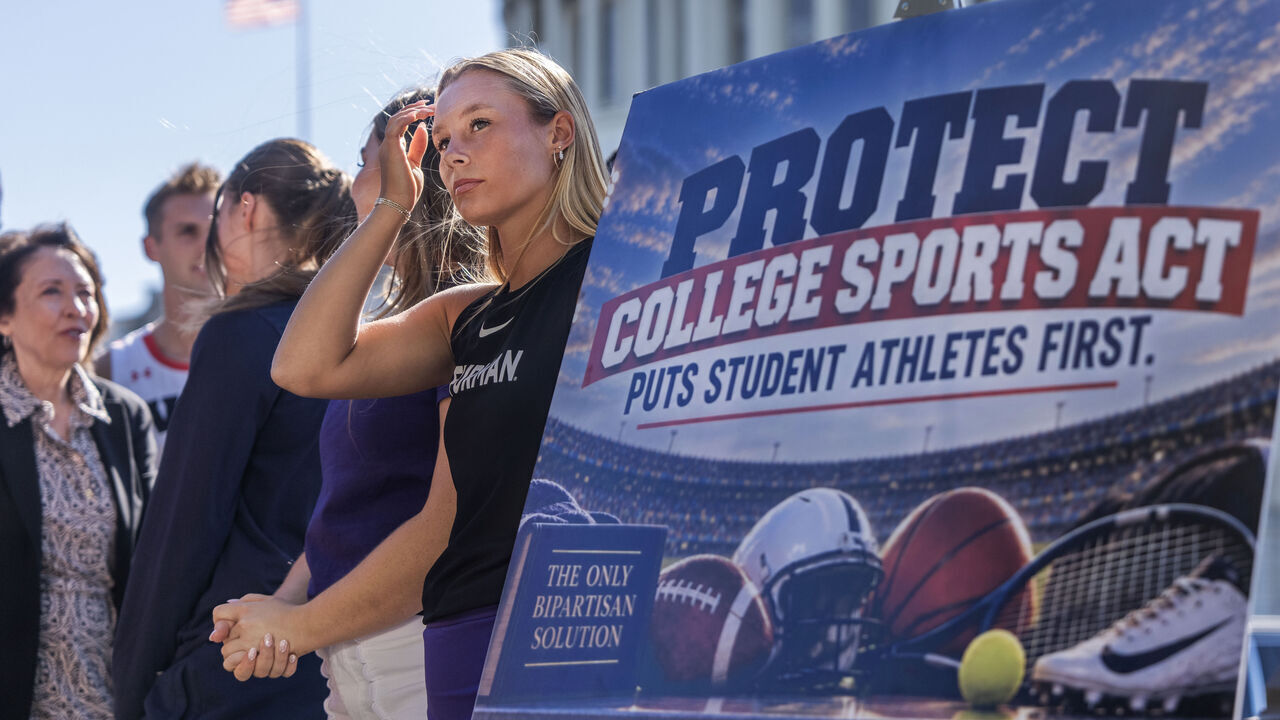 UNITED STATES - SEPTEMBER 14: Macy Hitchcock, a Furman University tennis player, attends a news conference with student athletes and coaches outside the U.S. Capitol on the "Protect College Sports Act," on Monday, September 14, 2026. Sen. Maria Cantwell, D-Wash., ranking member of the Senate Commerce, Science, and Transportation Committee, appears at left, (Tom Williams/CQ-Roll Call, Inc via Getty Images)