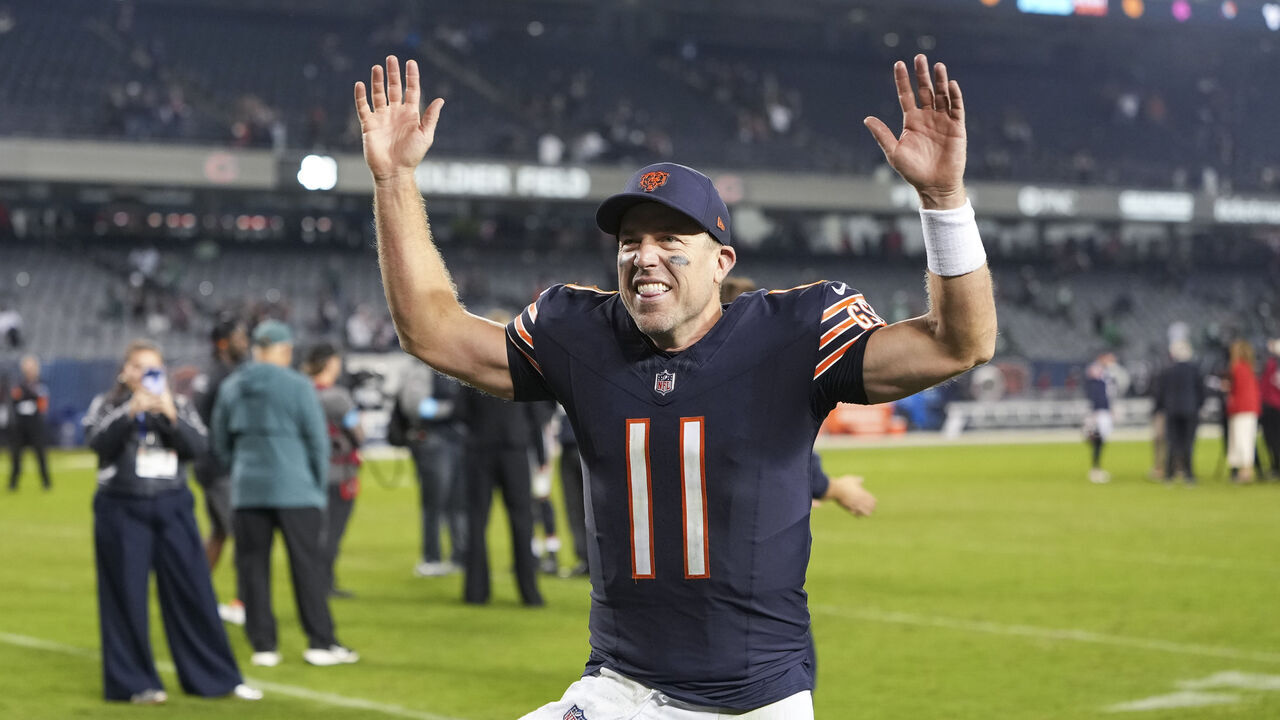 CHICAGO, ILLINOIS - SEPTEMBER 28: Case Keenum #11 of the Chicago Bears celebrates after the Chicago Bears defeated the Philadelphia Eagles in the NFL game at Soldier Field on September 28, 2026 in Chicago, Illinois.