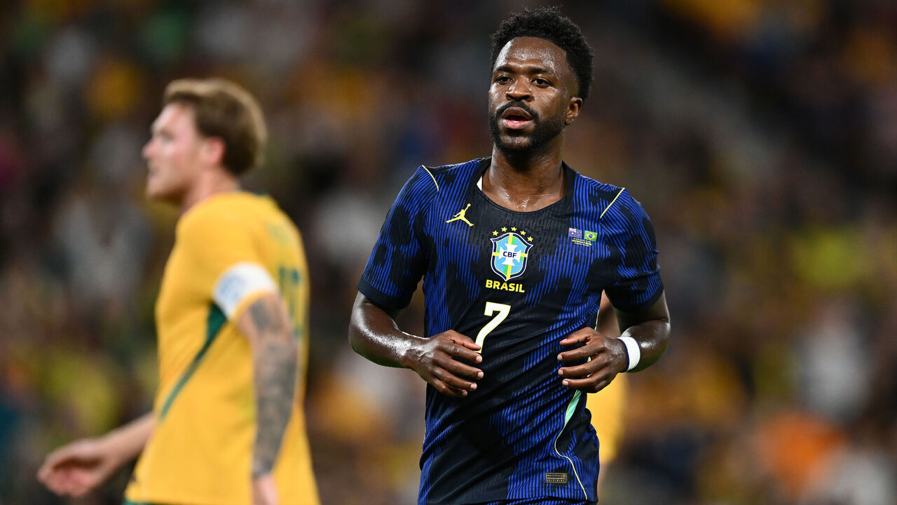 BRISBANE, AUSTRALIA - SEPTEMBER 29: Vinicius Jose Paixao de Oliveira Junior of Brazil looks on during the international friendly match between Australia Socceroos and Brazil at Suncorp Stadium on September 29, 2026 in Brisbane, Australia.