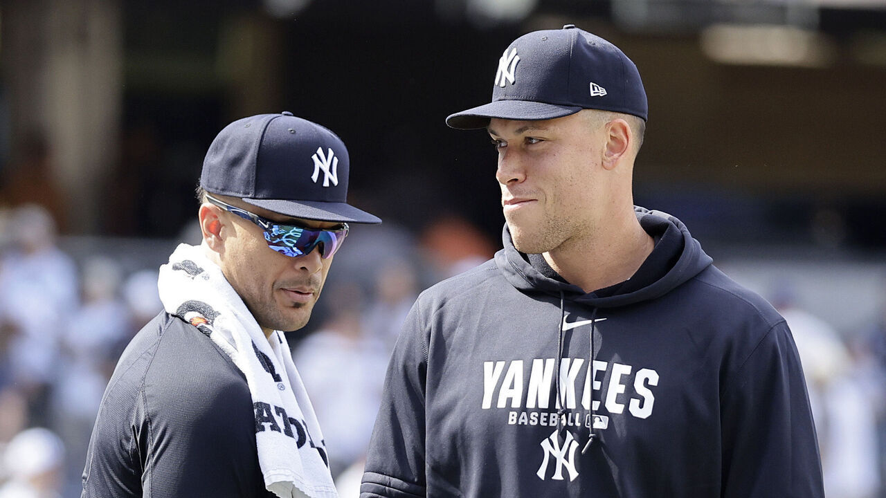 NEW YORK, NEW YORK - JUNE 04: Aaron Judge #99 (R) and Giancarlo Stanton #27 of the New York Yankees celebrate after defeating the Cleveland Guardians at Yankee Stadium on June 04, 2026 in New York City.