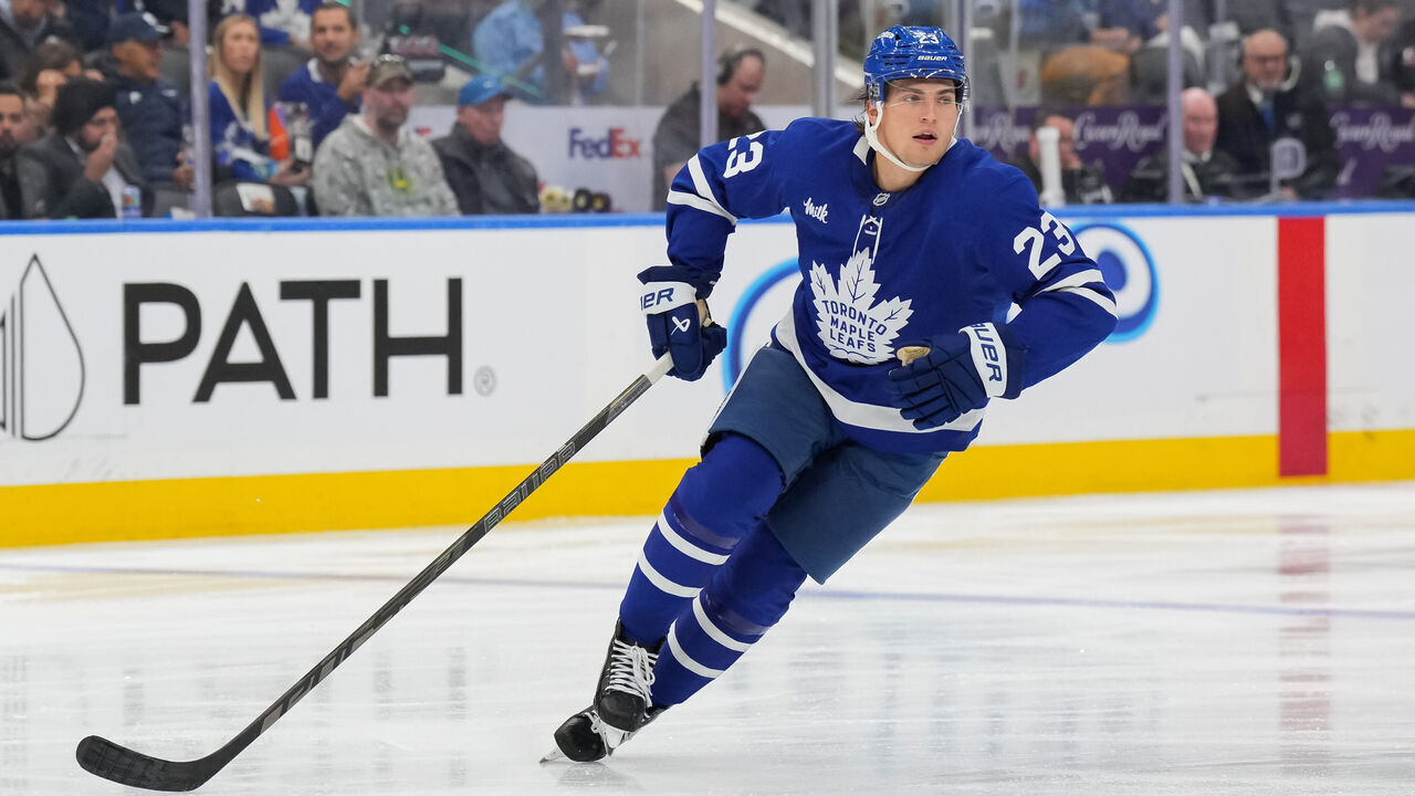 TORONTO, CANADA - SEPTEMBER 23: Matthew Knies #23 of the Toronto Maple Leafs skates against the Ottawa Senators in preseason game action at Scotiabank Arena on September 23, 2026 in Toronto, Ontario, Canada.