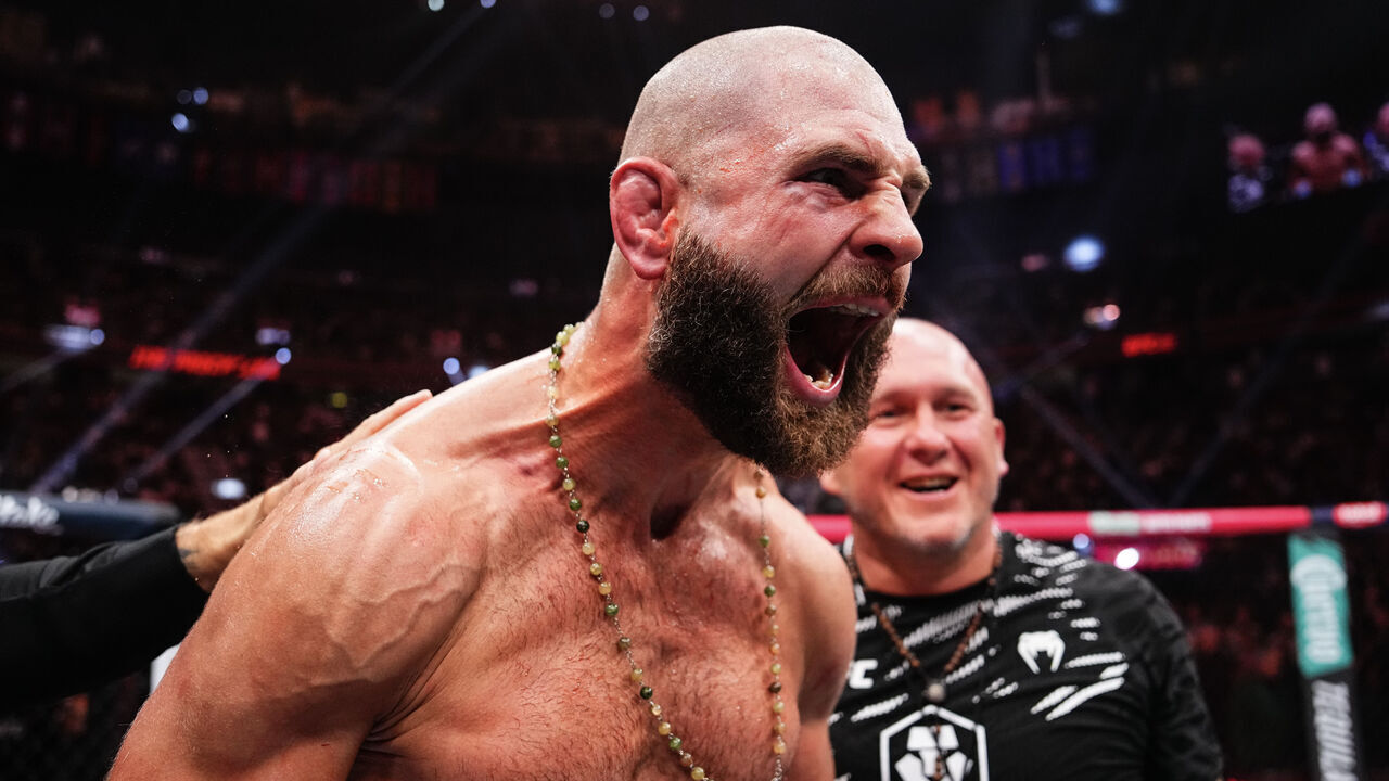 LAS VEGAS, NEVADA - OCTOBER 04: Jiri Prochazka of the Czech Republic reacts to his knockout of Khalil Rountree Jr. in a light heavyweight fight during the UFC 320 event at T-Mobile Arena on October 04, 2025 in Las Vegas, Nevada.