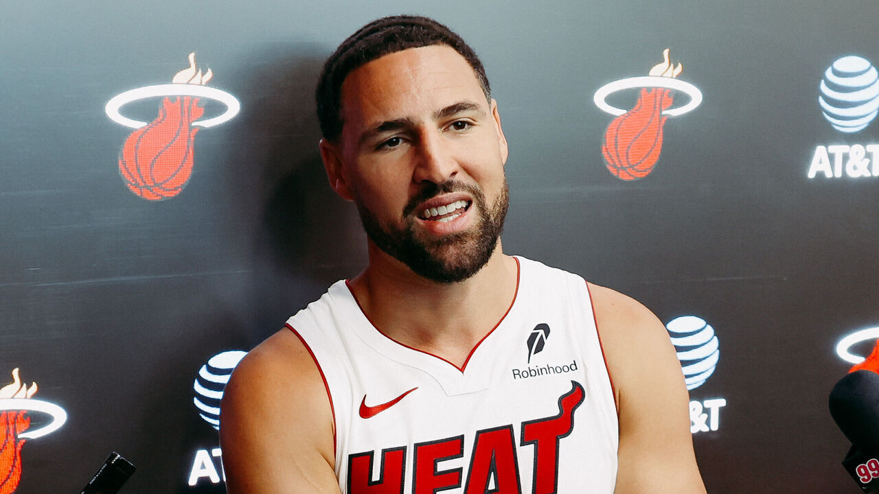 MIAMI, FLORIDA - SEPTEMBER 28: Klay Thompson #11 of the Miami Heat speaks to the media during Miami Heat Media Day at Kaseya Center on September 28, 2026 in Miami, Florida.