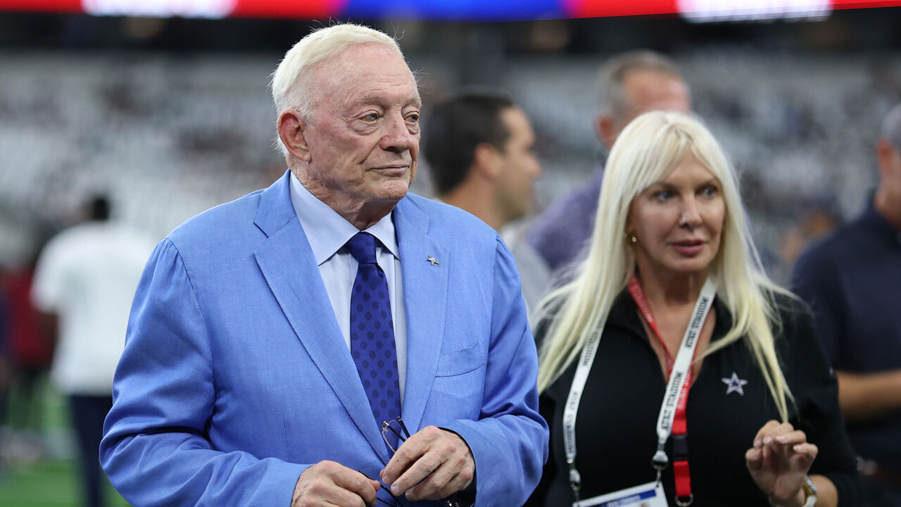 ARLINGTON, TEXAS - SEPTEMBER 20: Owner Jerry Jones of the Dallas Cowboys looks on before a game against the Washington Commanders at AT&T Stadium on September 20, 2026 in Arlington, Texas.