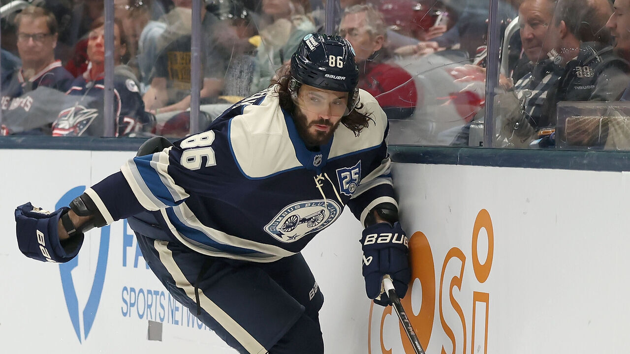 COLUMBUS, OHIO - MARCH 31: Kirill Marchenko #86 of the Columbus Blue Jackets skates after the puck during the game against the Carolina Hurricanes at Nationwide Arena on March 31, 2026 in Columbus, Ohio.