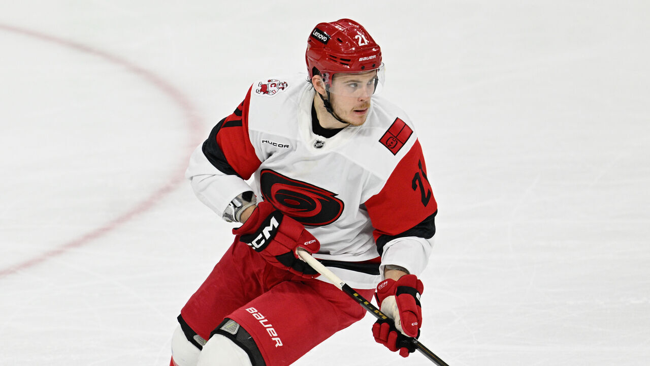 PHILADELPHIA , PA - MAY 09: Carolina Hurricanes defenseman Alexander Nikishin #21 is shown during game four of the NHL Stanley Cup Playoffs Second Round between the Philadelphia Flyers and the Carolina Hurricanes on May 7th, 2026 at the Xfinity Mobile Arena in Philadelphia, PA.