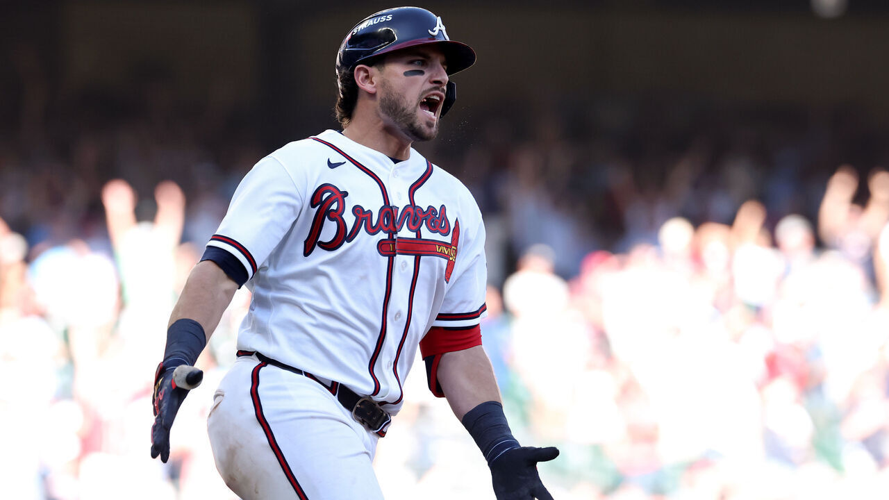 ATLANTA, GEORGIA - SEPTEMBER 29: Austin Riley #27 of the Atlanta Braves reacts after a three-run home run against the Philadelphia Phillies during the eighth inning in game one of the National League Wild Card Series at Truist Park on September 29, 2026 in Atlanta, Georgia.