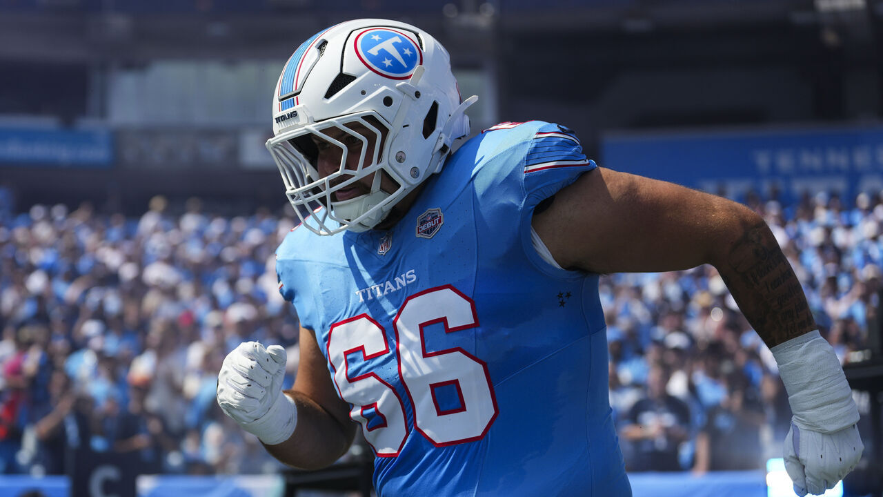NASHVILLE, TENNESSEE - SEPTEMBER 13: Fernando Carmona Jr. #66 of the Tennessee Titans runs out prior to an NFL football game against the New York Jets at Nissan Stadium on September 13, 2026 in Nashville, Tennessee.