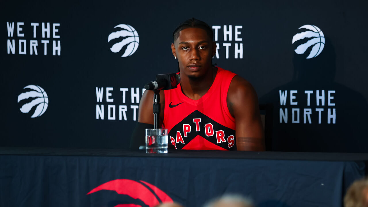 TORONTO, CANADA - SEPTEMBER 28: RJ Barrett #9 of the Toronto Raptors of the Toronto Raptors speaks to media during the Toronto Raptors media day at Hotel X on September 28, 2026 in Toronto, Ontario, Canada.