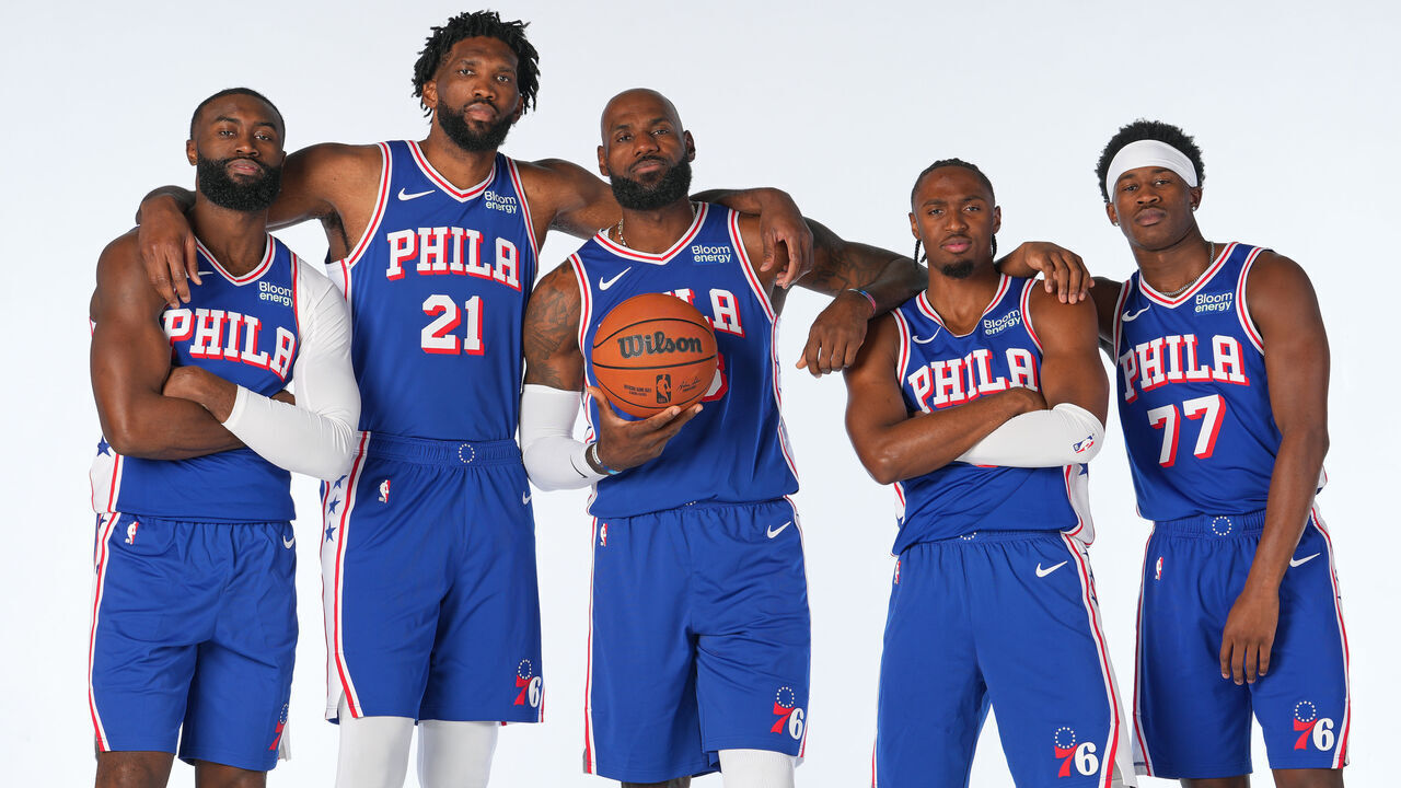 CAMDEN, NJ - SEPTEMBER 28: Jaylen Brown #7, Joel Embiid #21, LeBron James #23, Tyrese Maxey #0, and VJ Edgecombe #77 of the Philadelphia 76ers pose for a portrait on NBA media day on September 28, 2026 at the Philadelphia 76ers Training Complex in Camden, New Jersey. NOTE TO USER: User expressly acknowledges and agrees that, by downloading and/or using this Photograph, user is consenting to the terms and conditions of the Getty Images License Agreement. Mandatory Copyright Notice: Copyright 2026 NBAE