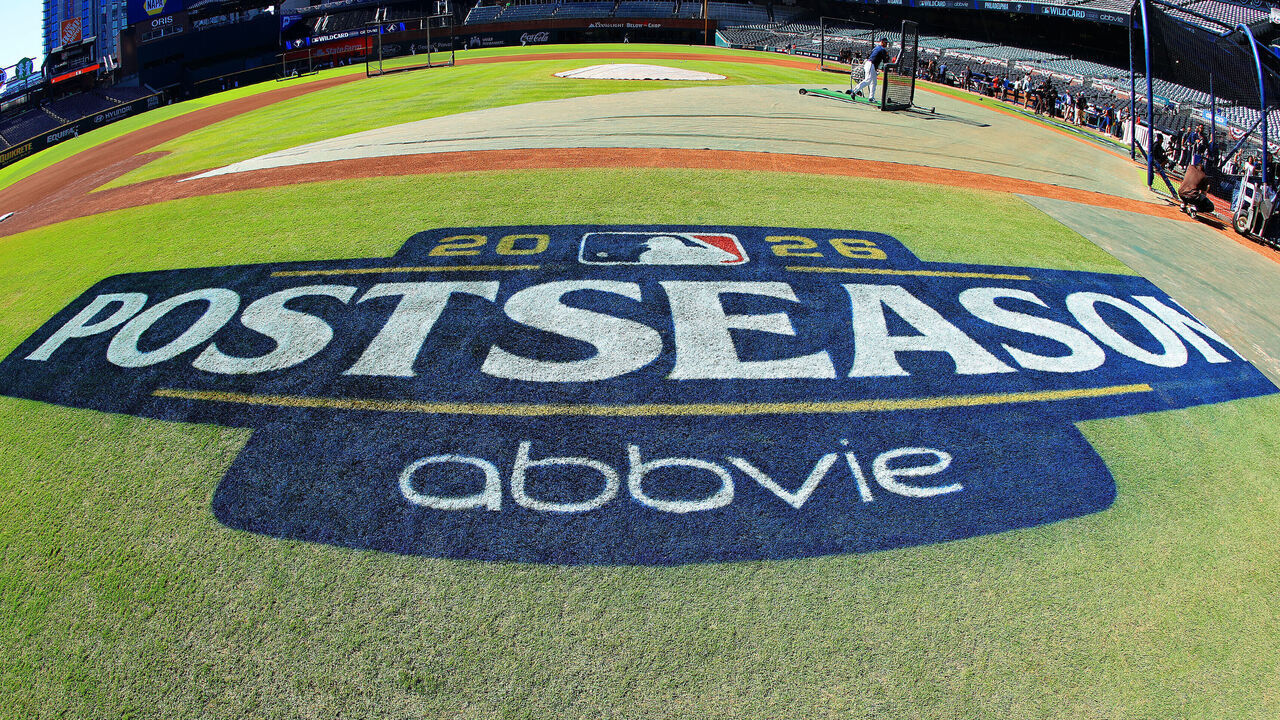 ATLANTA, GA - SEPTEMBER 29: The Post Season logo on the infield grass before the the Philadelphia Phillies game versus the Atlanta Braves in game 1 of the National League Wild Card Series on September 29, 2026 at Truist Park in Atlanta, GA.