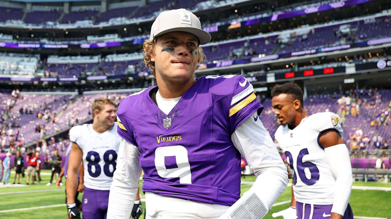 MINNEAPOLIS, MINNESOTA - AUGUST 22: J.J. McCarthy #9 of the Minnesota Vikings walks off the field after a preseason game against the Baltimore Ravens at U.S. Bank Stadium on August 22, 2026 in Minneapolis, Minnesota. The Ravens defeated the Vikings 13-3.