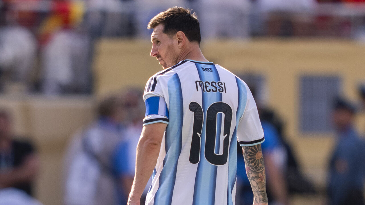 EAST RUTHERFORD, NEW JERSEY - JULY 19: Lionel Messi #10 of Argentina looks on during the FIFA World Cup 2026 Final match between Spain and Argentina at New York New Jersey Stadium on July 19, 2026 in East Rutherford, New Jersey.