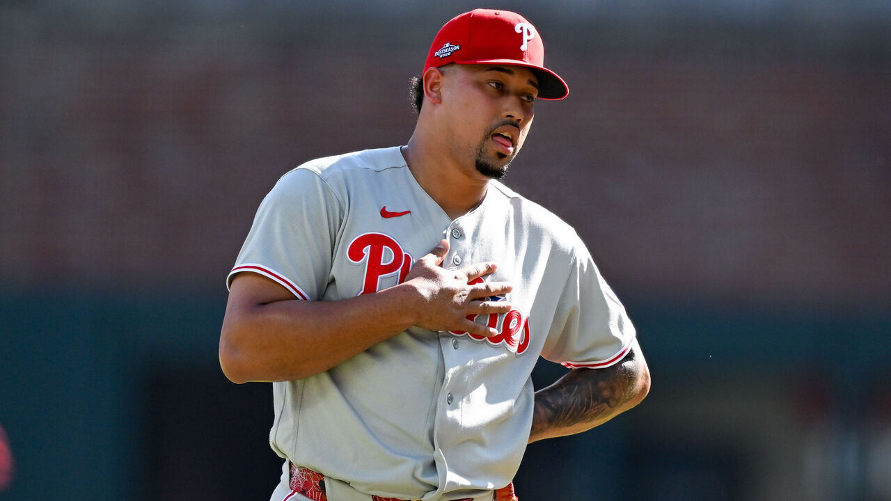 ATLANTA, GA - SEPTEMBER 29: Philadelphia pitcher Jhoan Duran (59) reacts after catching a line drive during the Philadelphia Phillies versus the Atlanta Braves in game 1 of the National League Wild Card Series on September 29th, 2026 at Truist Park in Atlanta, GA.