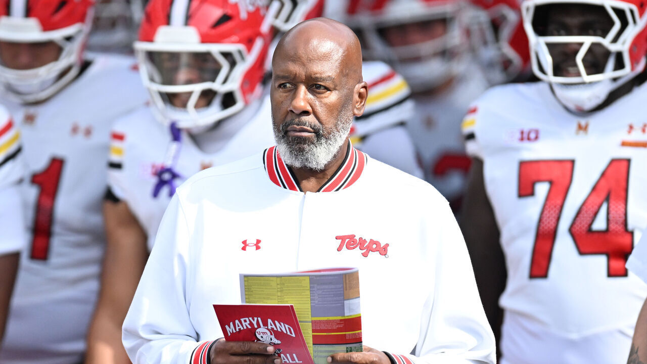 EAST HARTFORD, CT - SEPTEMBER 12: Maryland Terrapins head coach Mike Locksley leads the team out onto the field during the game as the Maryland Terrapins take on the UConn Huskies on September 12, 2026 at Pratt & Whitney Stadium in East Hartford, CT.