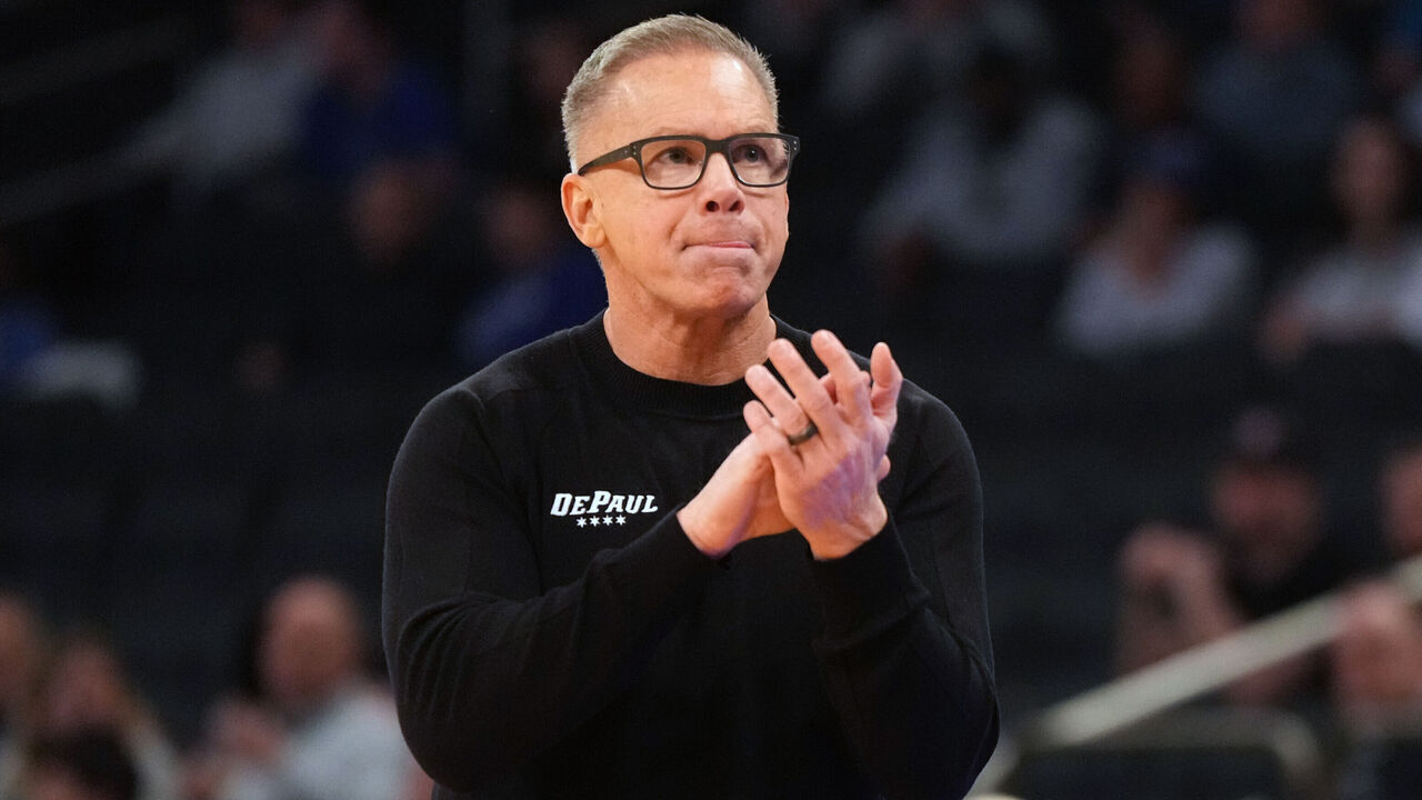 NEW YORK, NY - MARCH 11: Head coach Chris Holtmann of the DePaul Blue Demons looks on during the Big East Men's Tournament - First Round game against the Georgetown Hoyas at Madison Square Garden on March 11, 2026 in New York City.