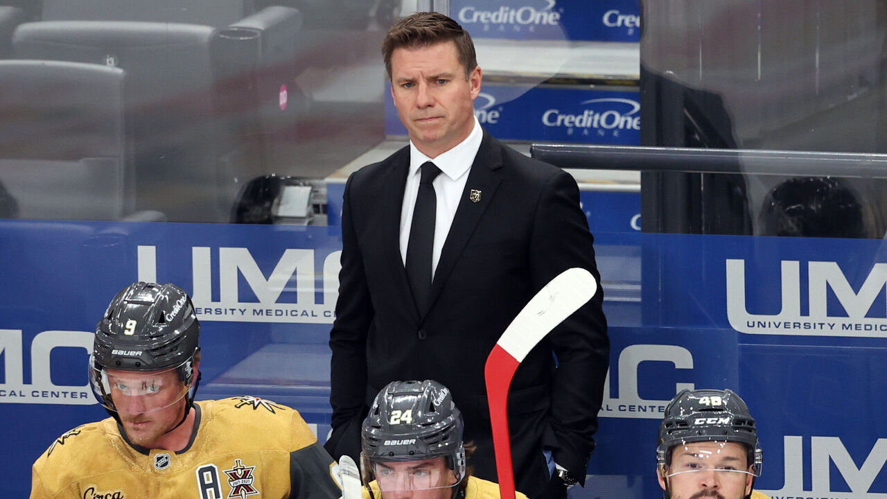 LAS VEGAS, NEVADA - SEPTEMBER 29: Head coach Ryan Craig of the Vegas Golden Knights looks on from the bench during his first career NHL game as a head coach behind Jack Eichel #9, Trevor Connelly #24 and Tomas Hertl #48 in the first period of a game against the Chicago Blackhawks at T-Mobile Arena on September 29, 2026 in Las Vegas, Nevada.