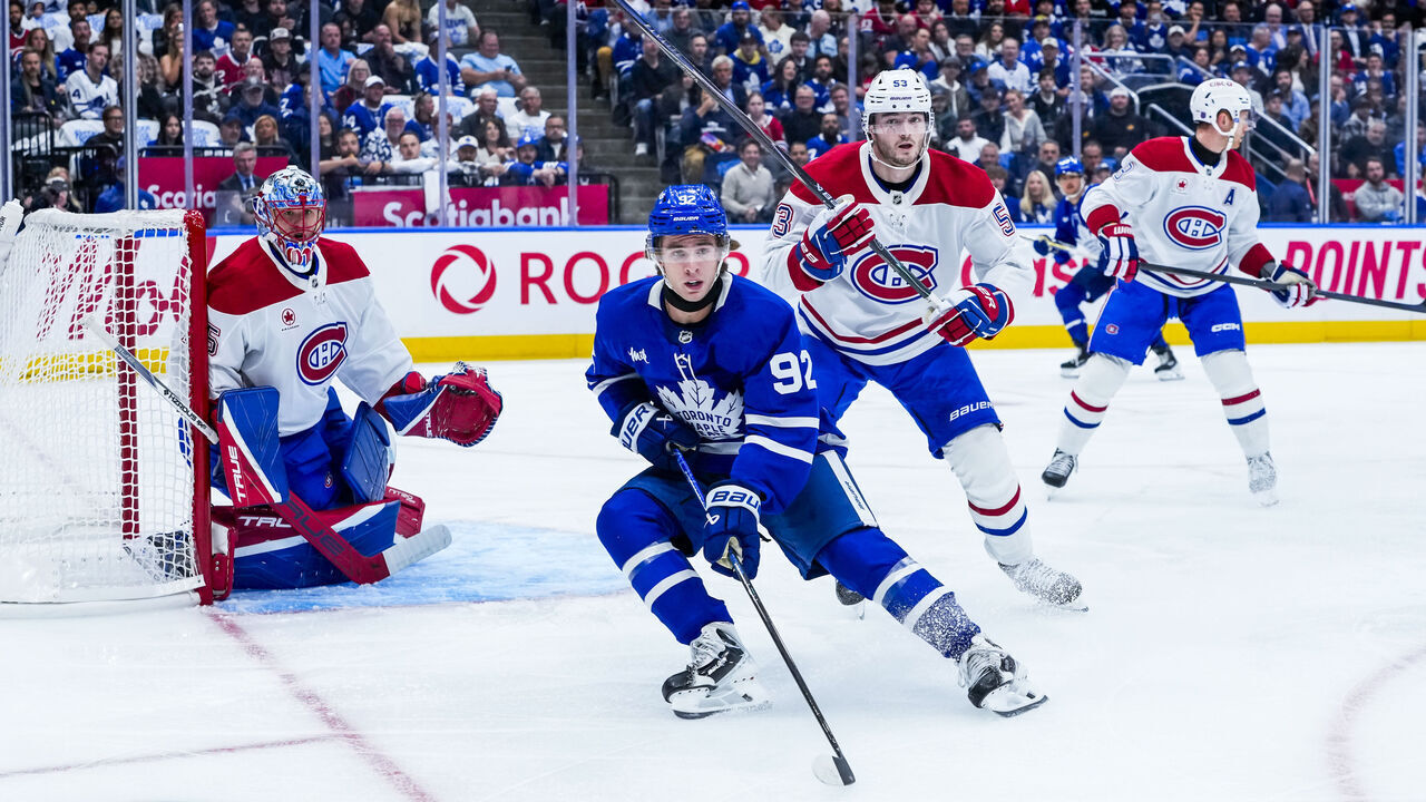 TORONTO, ON - SEPTEMBER 29: Gavin McKenna #92 of the Toronto Maple Leafs looks on during the first period against the Montreal Canadiens at the Scotiabank Arena on September 29, 2026 in Toronto, Ontario, Canada.