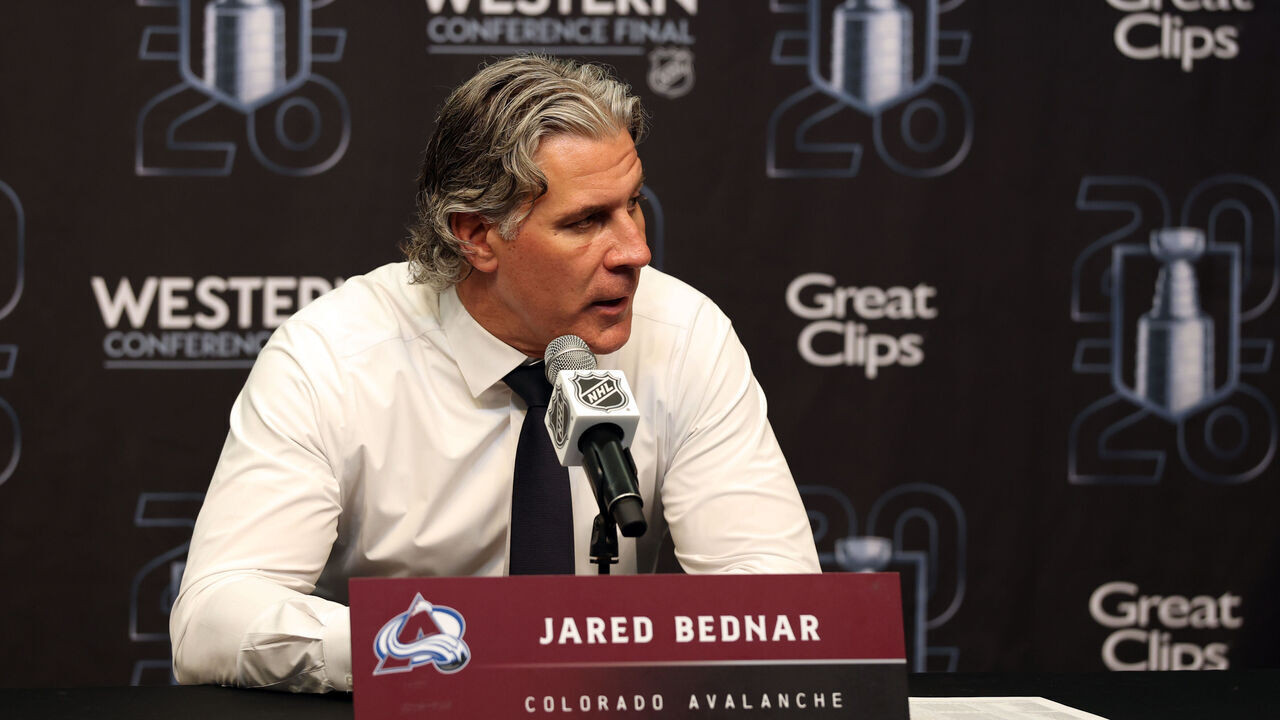 LAS VEGAS, NEVADA - MAY 26: Head coach Jared Bednar of the Colorado Avalanche speaks to the media after a 2-1 loss against the Vegas Golden Knights in Game Four of the Western Conference Final of the 2026 Stanley Cup Playoffs at T-Mobile Arena on May 26, 2026 in Las Vegas, Nevada.