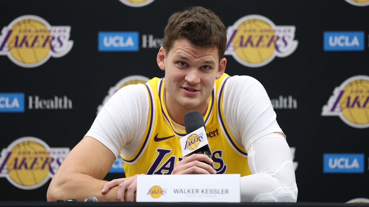 EL SEGUNDO, CALIFORNIA - SEPTEMBER 28: Walker Kessler #14 of the Los Angeles Lakers during Los Angeles Lakers Media Day at UCLA Health Training Center on September 28, 2026 in El Segundo, California.