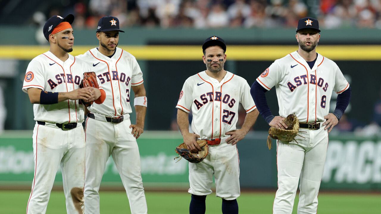 HOUSTON, TEXAS - SEPTEMBER 29: Isaac Paredes #15, Jeremy Peña #3, Jose Altuve #27, and Christian Walker #8 of the Houston Astros look on in the sixth inning against the Chicago White Sox in game one of the American League Wild Card Series at Daikin Park on September 29, 2026 in Houston, Texas.
