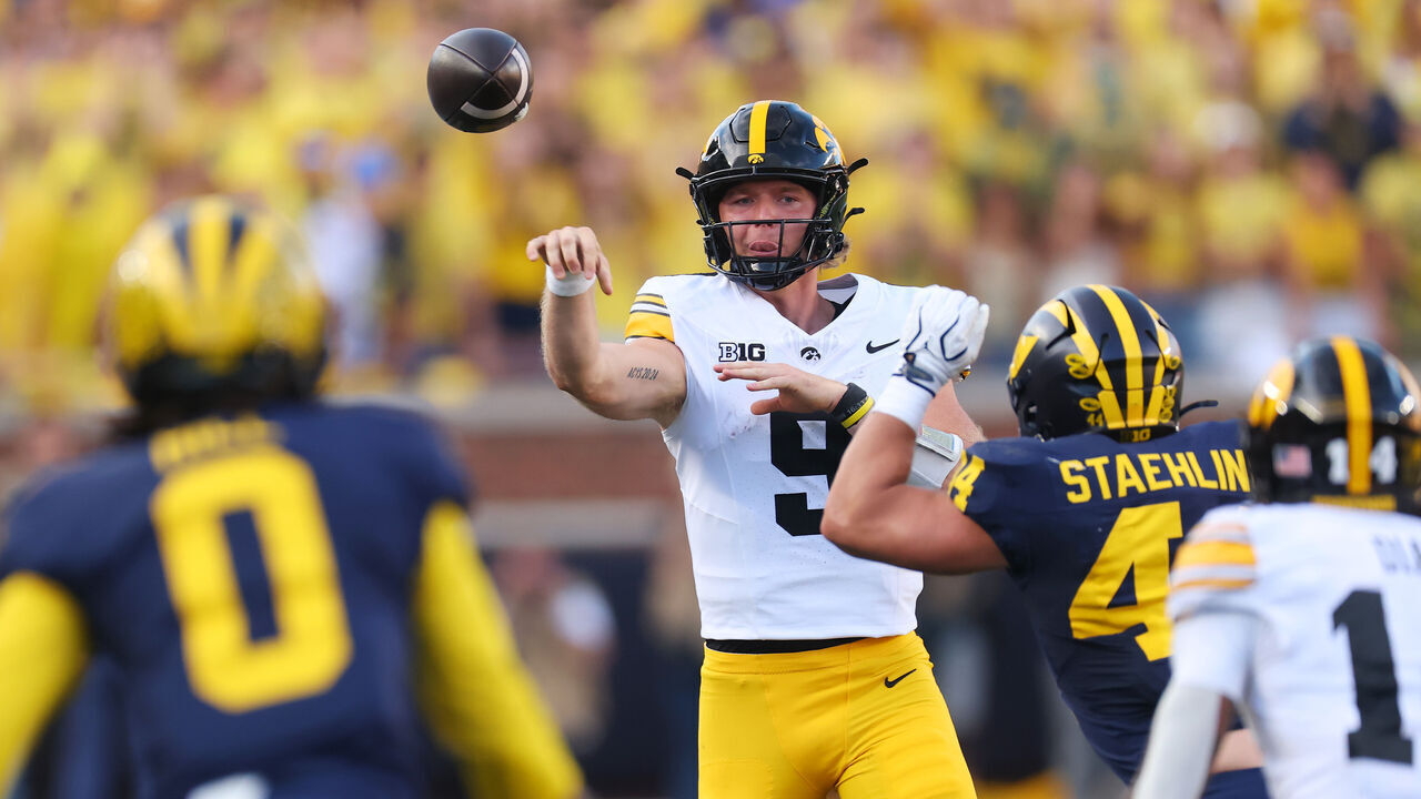 ANN ARBOR, MICHIGAN - SEPTEMBER 26: Hank Brown #9 of the Iowa Hawkeyes throws a second half pass while playing the Michigan Wolverines at Michigan Stadium on September 26, 2026 in Ann Arbor, Michigan.