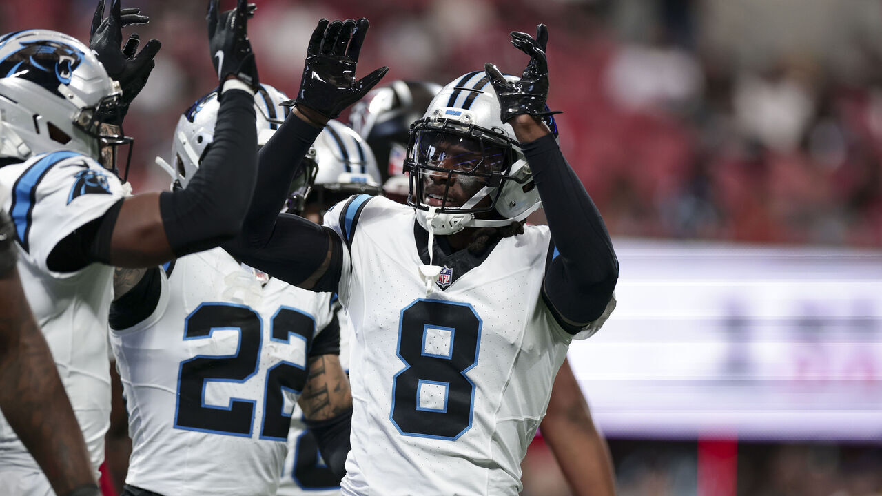 ATLANTA, GEORGIA - SEPTEMBER 20: Jaycee Horn #8 of the Carolina Panthers celebrates during an NFL football game against the Atlanta Falcons at Mercedes-Benz Stadium on September 20, 2026 in Atlanta, Georgia.