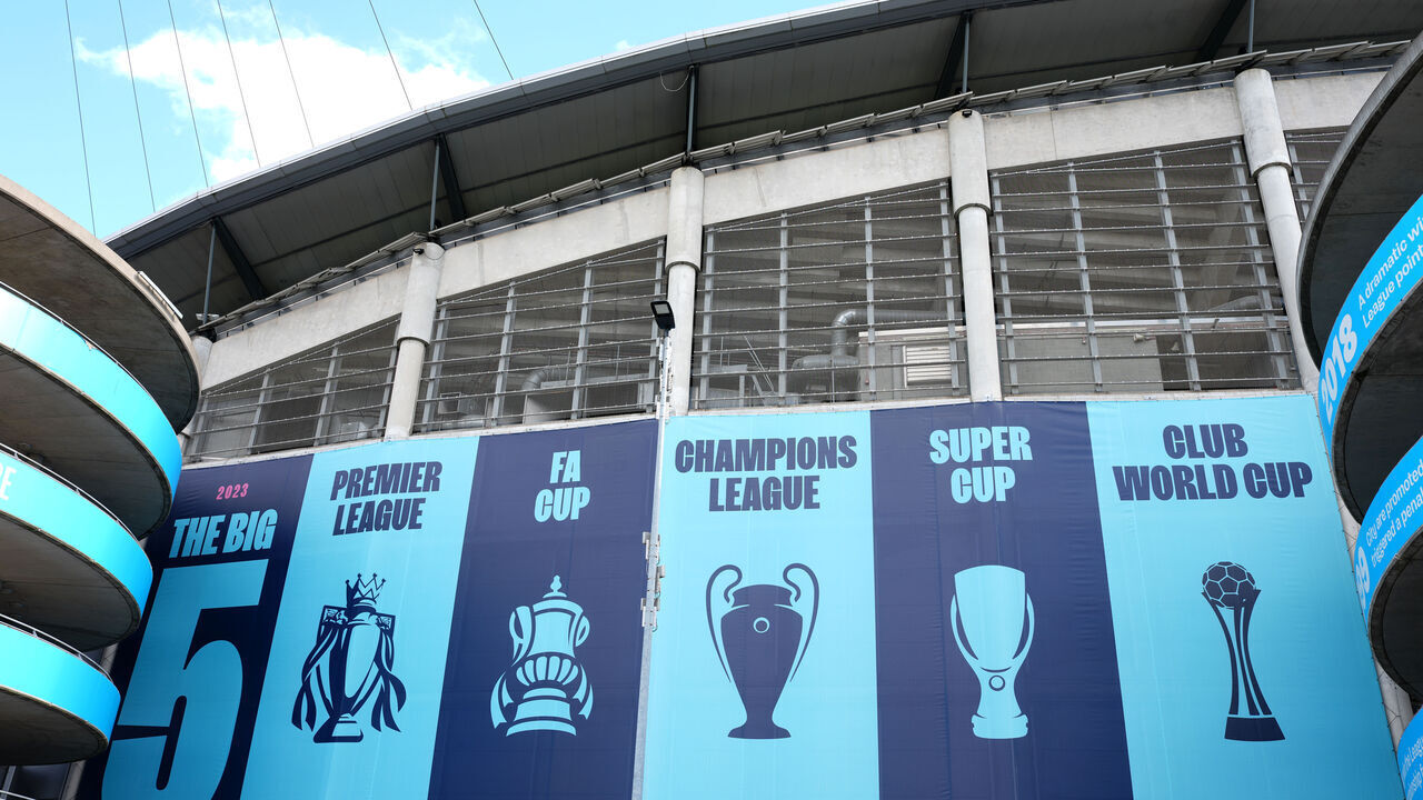 A general view of a large banner showing various trophies Manchester City men's team has won outside the Etihad Stadium. Manchester City face the threat of severe sanctions after an independent commission found they had "clearly intended to circumvent Premier League rules" over a nine-season period. Picture date: Wednesday September 30, 2026.