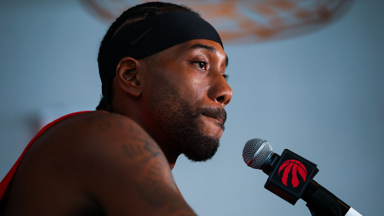 TORONTO, CANADA - SEPTEMBER 28: Kawhi Leonard #2 of the Toronto Raptors speaks to media during the Toronto Raptors media day at Hotel X on September 28, 2026 in Toronto, Ontario, Canada.