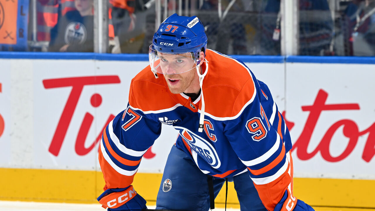 EDMONTON, CANADA - SEPTEMBER 29: Connor McDavid #97 of the Edmonton Oilers looks on during warmups prior to the game against the Vancouver Canucks at Rogers Place on September 29, 2026, in Edmonton, Alberta, Canada.