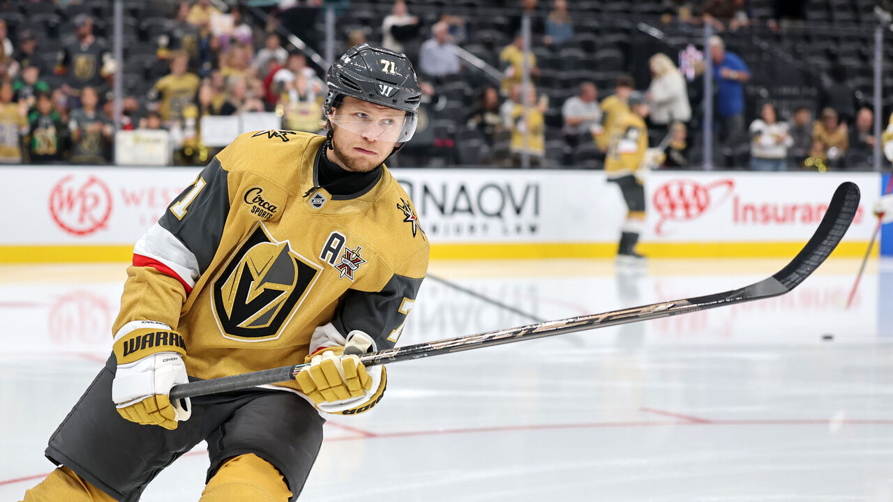 LAS VEGAS, NEVADA - SEPTEMBER 24: William Karlsson #71 of the Vegas Golden Knights warms up before a preseason game against the Utah Mammoth at T-Mobile Arena on September 24, 2026 in Las Vegas, Nevada.