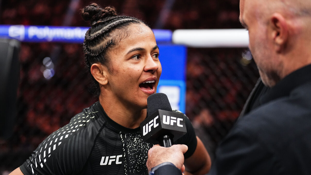 LAS VEGAS, NEVADA - JANUARY 24: Natalia Silva of Brazil reacts after a victory against Rose Namajunas in a flyweight bout during the UFC 324 event at T-Mobile Arena on January 24, 2026 in Las Vegas, Nevada.