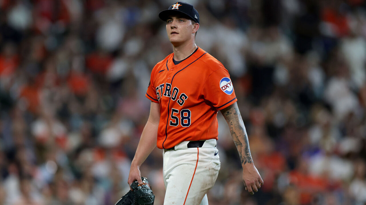 HOUSTON, TEXAS - SEPTEMBER 30: Hunter Brown #58 of the Houston Astros walks back to the dugout after being relieved against the Chicago White Sox during the first inning in game two of the American League Wild Card Series at Daikin Park on September 30, 2026 in Houston, Texas.