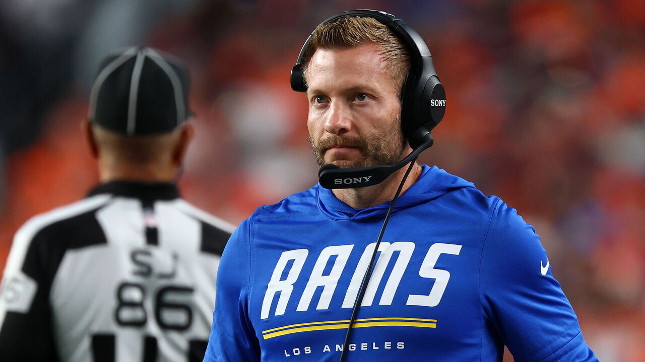 DENVER, COLORADO - SEPTEMBER 27: Head coach Sean McVay of the Los Angeles Rams looks on during the first quarter against the Denver Broncos at Empower Field At Mile High on September 27, 2026 in Denver, Colorado.