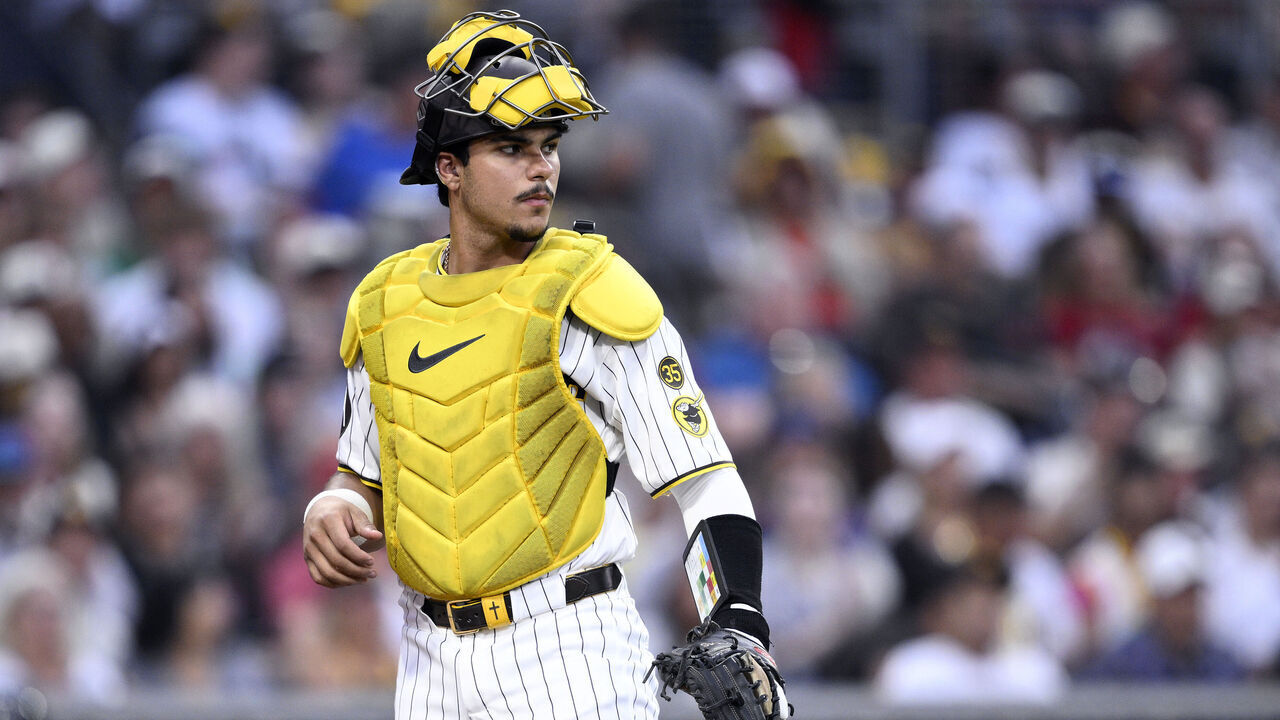 SAN DIEGO, CALIFORNIA - SEPTEMBER 26: Ethan Salas #8 of the San Diego Padres looks on during the second inning against the Arizona Diamondbacks at Petco Park on September 26, 2026 in San Diego, California.