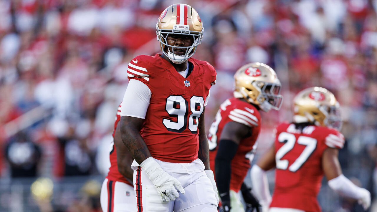 SANTA CLARA, CALIFORNIA - OCTOBER 19: Mykel Williams #98 of the San Francisco 49ers stands on the field during an NFL football game against the Atlanta Falcons at Levi's Stadium on October 19, 2025 in Santa Clara, California.