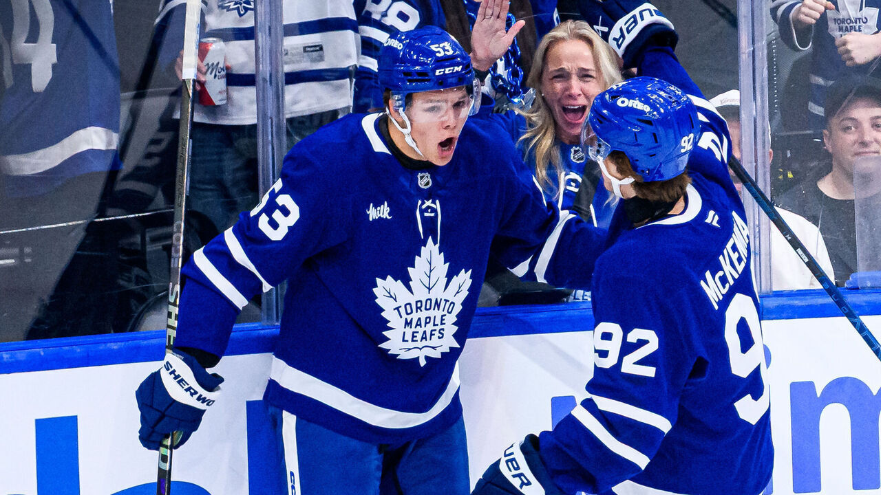 TORONTO, ON - SEPTEMBER 30: Toronto Maple Leafs Right Winger Easton Cowan (53) celebrates after scoring a goal with Left Winger Gavin McKenna (92) during the first period of the NHL regular season game between the New York Islanders and the Toronto Maple Leafs on September 30, 2026, at Scotiabank Arena in Toronto, ON, Canada.