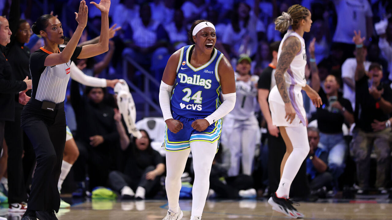 ARLINGTON, TEXAS - SEPTEMBER 30: Arike Ogunbowale #24 of the Dallas Wings celebrates in the fourth quarter against the Golden State Valkyries during game two of the first round of the WNBA Playoffs at College Park Center on September 30, 2026 in Arlington, Texas.