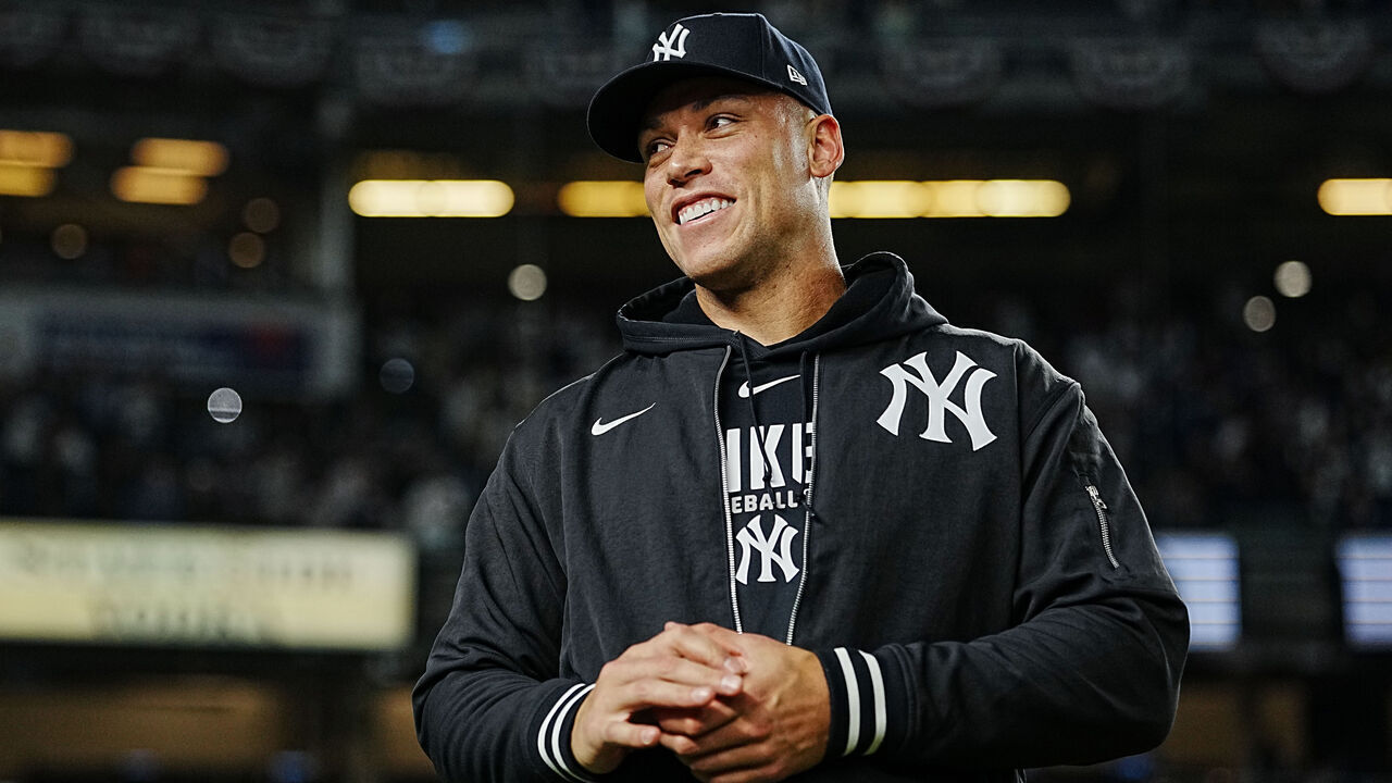 NEW YORK, NY - SEPTEMBER 30: Aaron Judge #99 of the New York Yankees looks on after winning Game Two of the American League Wild Card Series presented by AbbVie between the Boston Red Sox and the New York Yankees at Yankee Stadium on Wednesday, September 30, 2026 in New York, New York.