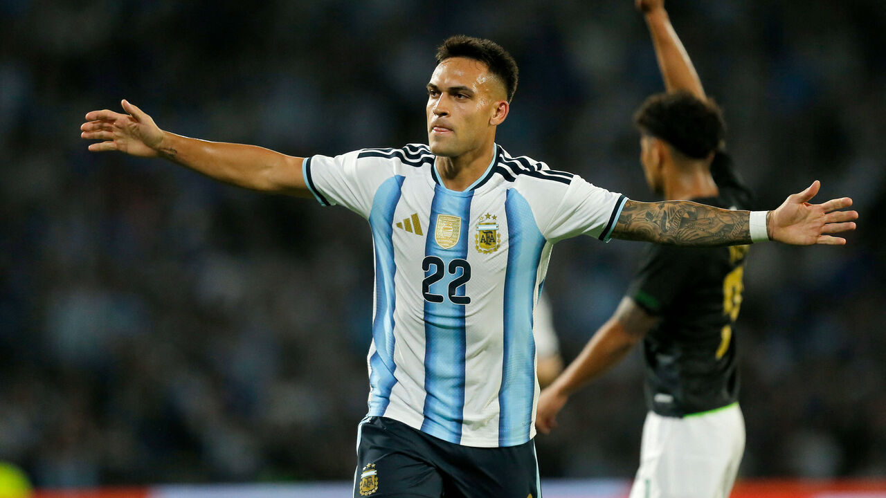 Argentina's forward #22 Lautaro Martinez celebrates after scoring his team's first goal during the international friendly football match between Argentina and Bolivia at Mario Alberto Kempes Stadium in Cordoba, Argentina, on September 30, 2026.