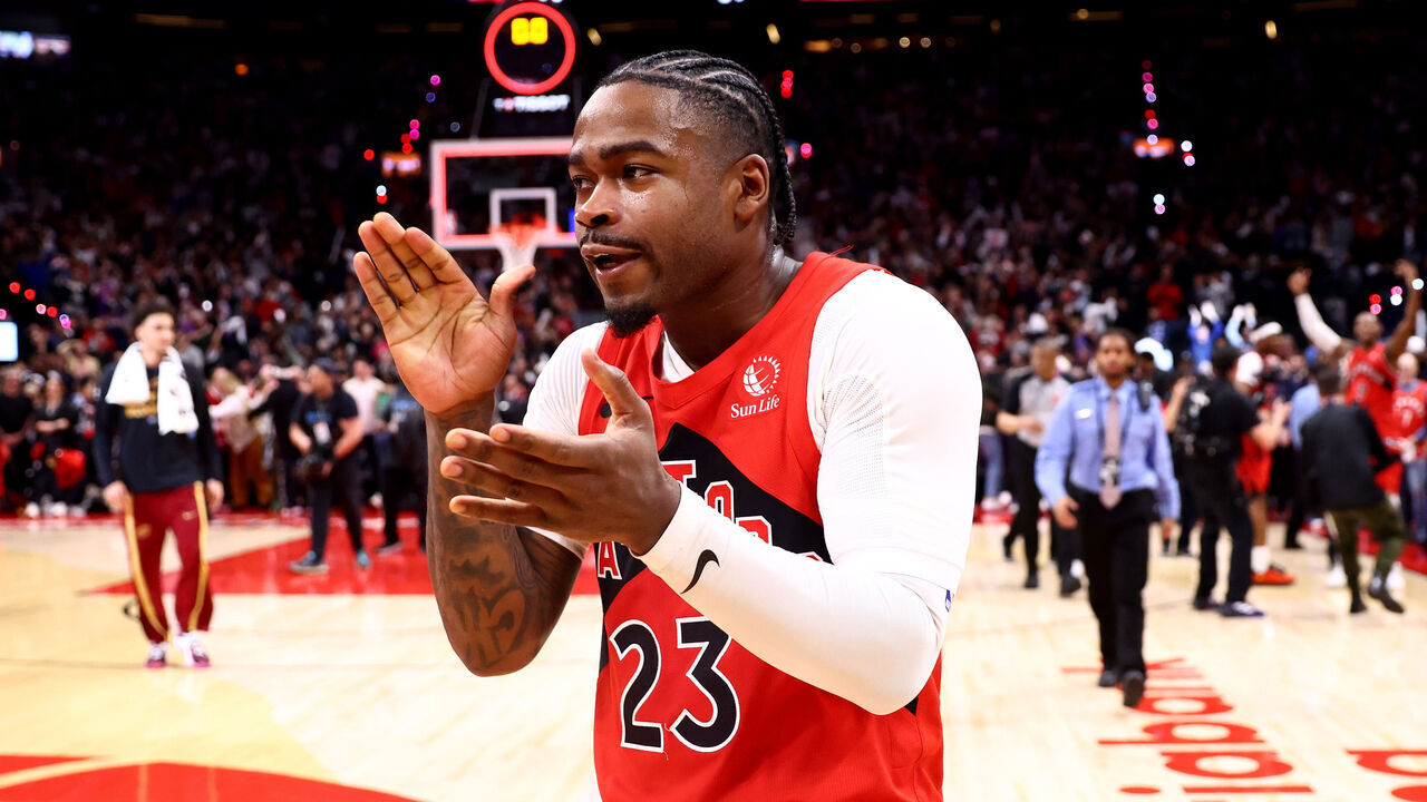 TORONTO, CANADA - MAY 01: Jamal Shead #23 of the Toronto Raptors celebrates after defeating the Cleveland Cavaliers 112-110 in Game Six of the First Round of the NBA Eastern Conference Playoffs at Scotiabank Arena on May 01, 2026 in Toronto, Ontario, Canada.