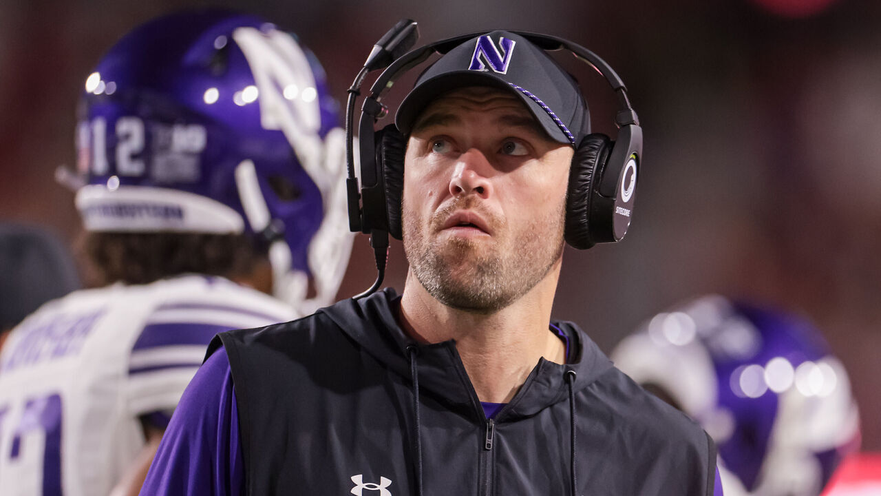 BLOOMINGTON, INDIANA - SEPTEMBER 25: Northwestern Wildcats head coach David Braun looks on during the game against the Indiana Hoosiers at Memorial Stadium on September 25, 2026 in Bloomington, Indiana.
