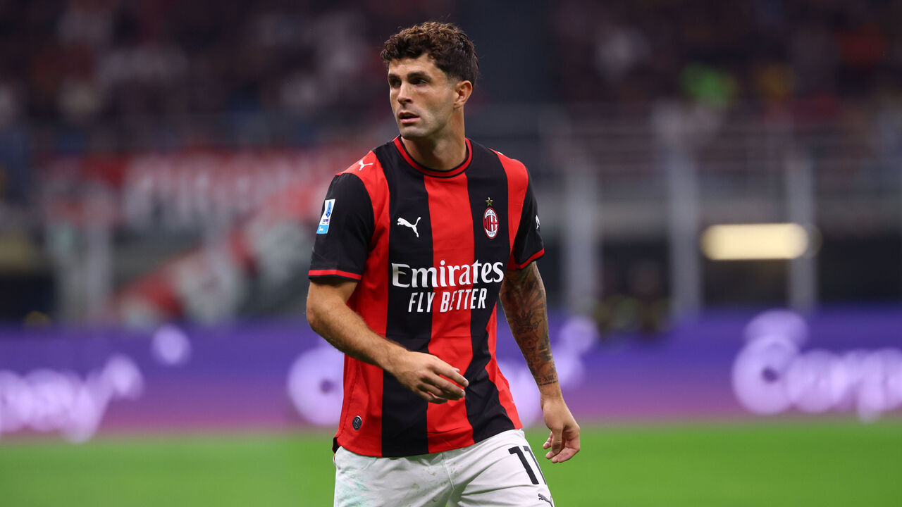 MILAN, ITALY - SEPTEMBER 20: Christian Pulisic of AC Milan looks on during the Serie A match between AC Milan and US Lecce at Stadio Giuseppe Meazza on September 20, 2026 in Milan, Italy.