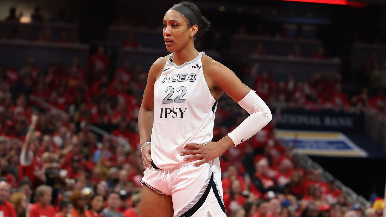 INDIANAPOLIS, INDIANA - SEPTEMBER 29: A'ja Wilson #22 of the Las Vegas Aces against the Indiana Fever during game two of the first round of the WNBA Playoffs at Gainbridge Fieldhouse on September 29, 2026 in Indianapolis, Indiana. NOTE TO USER: User expressly acknowledges and agrees that, by downloading and or using this photograph, User is consenting to the terms and conditions of the Getty Images License