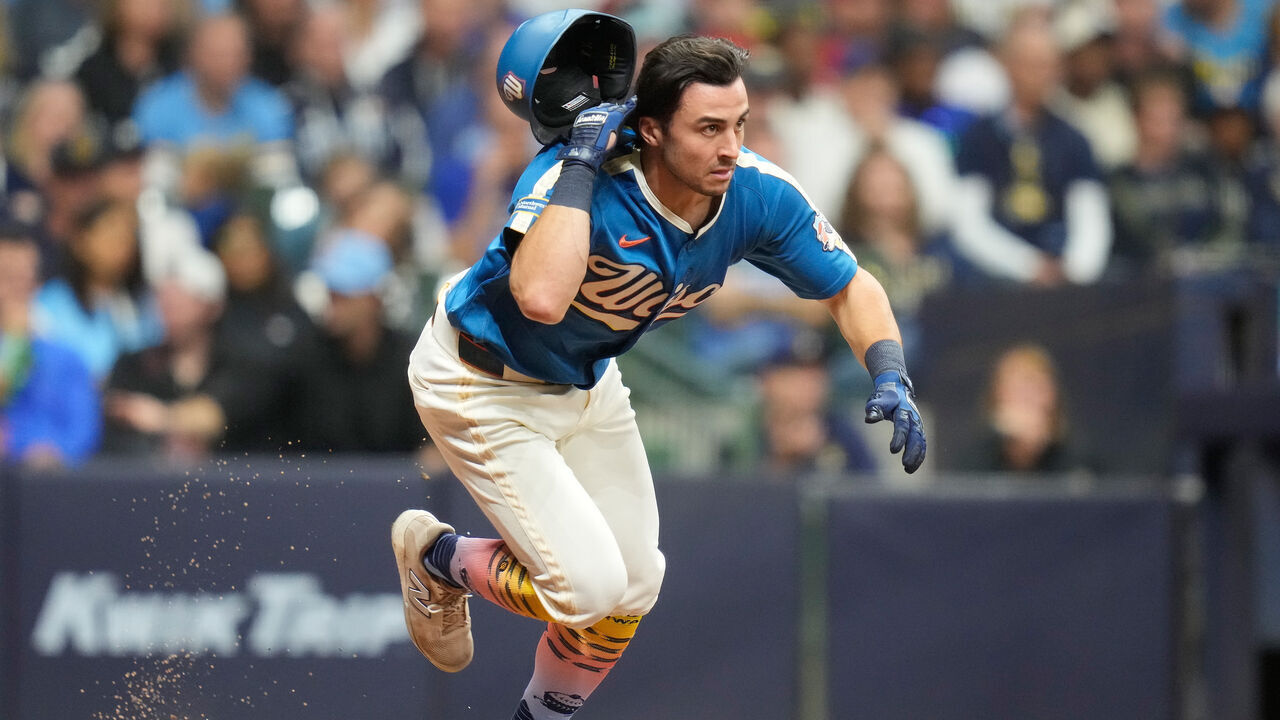 MILWAUKEE, WISCONSIN - SEPTEMBER 25: Sal Frelick #10 of the Milwaukee Brewers takes off after the swing against the St. Louis Cardinals at American Family Field on September 25, 2026 in Milwaukee, Wisconsin.