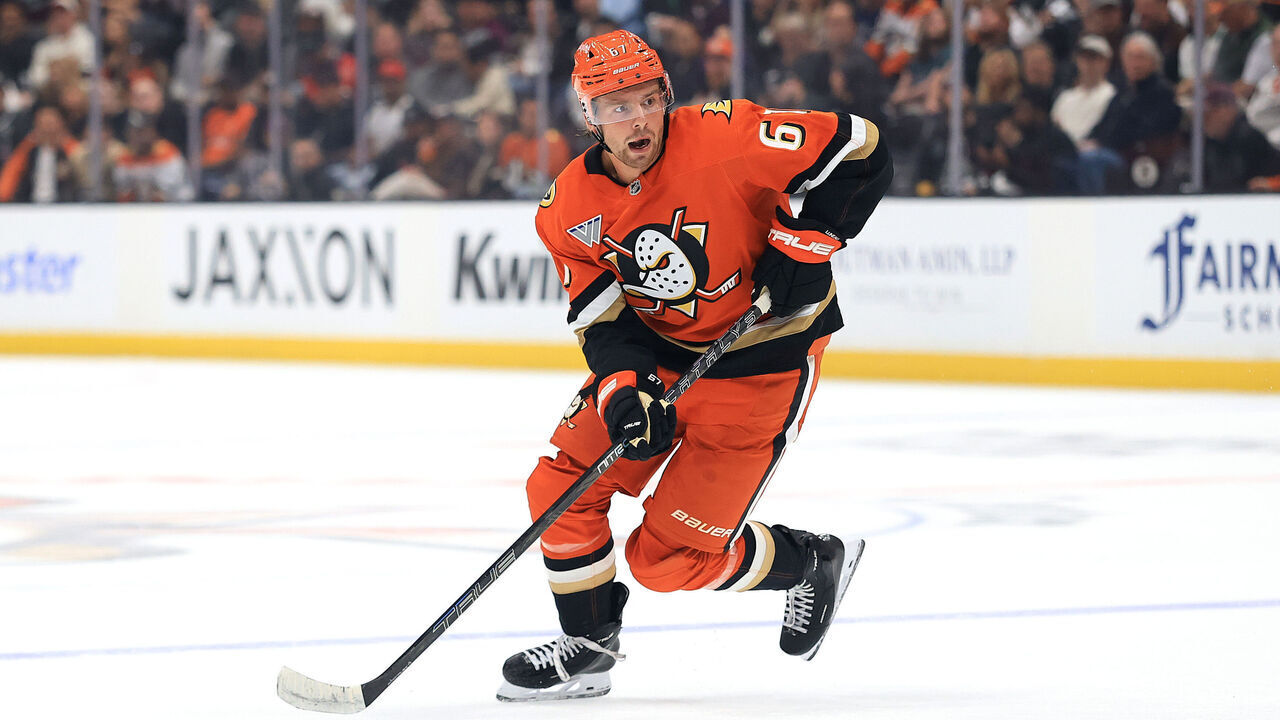 ANAHEIM, CALIFORNIA - SEPTEMBER 23: Tristan Luneau #67 of the Anaheim Ducks controls the puck during the first period of a preseason game against the Los Angeles Kings at Honda Center on September 23, 2026 in Anaheim, California.