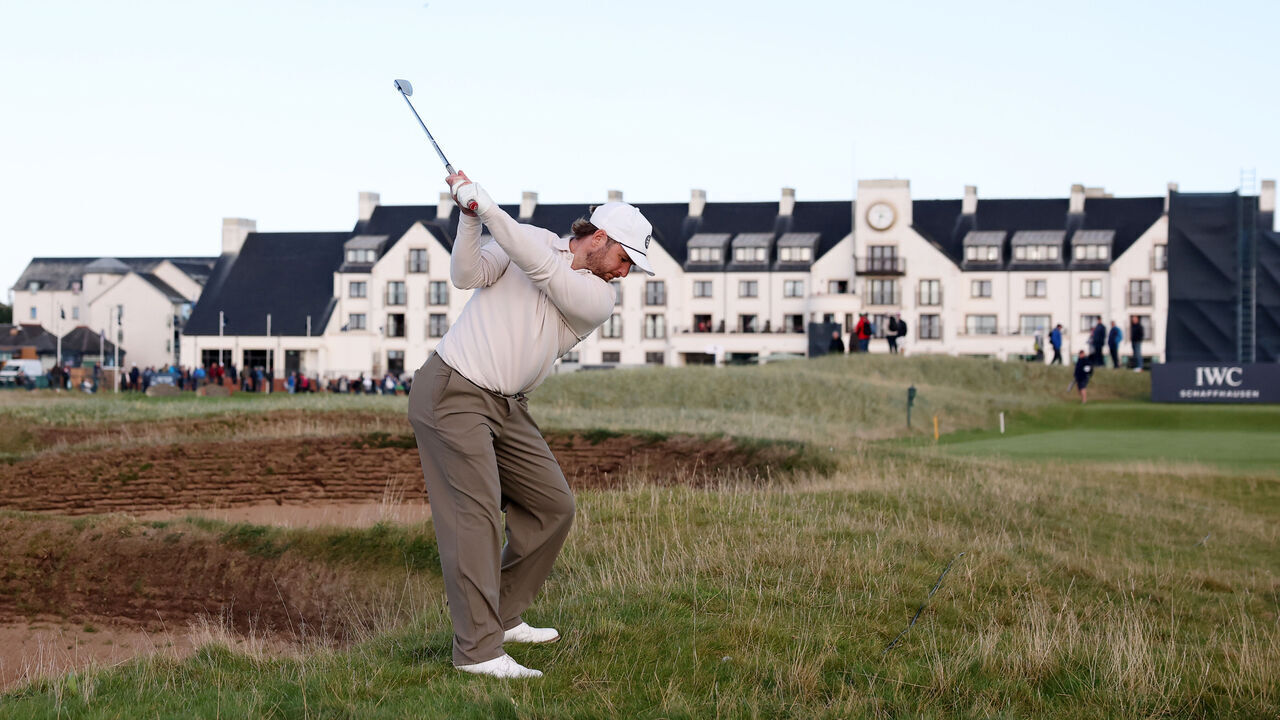 CARNOUSTIE, SCOTLAND - OCTOBER 01: Michael Stewart of Scotland plays his second shot on the 18th hole on day one of the Alfred Dunhill Links Championship at Carnoustie Golf Links on October 01, 2026 in Carnoustie, Scotland.
