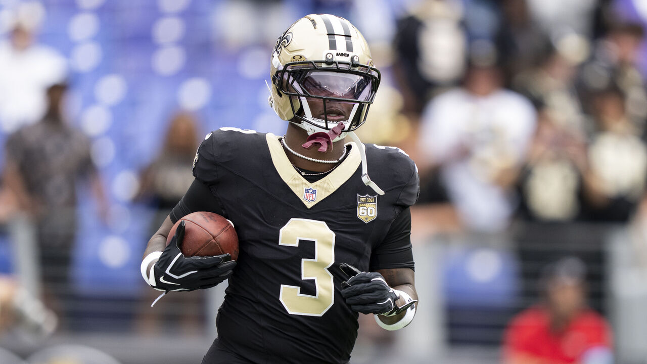 BALTIMORE, MARYLAND - SEPTEMBER 20: Travis Etienne Jr. #3 of the New Orleans Saints runs with the ball against the Baltimore Ravens during an NFL football game at M&T Bank Stadium on September 20, 2026 in Baltimore, Maryland.